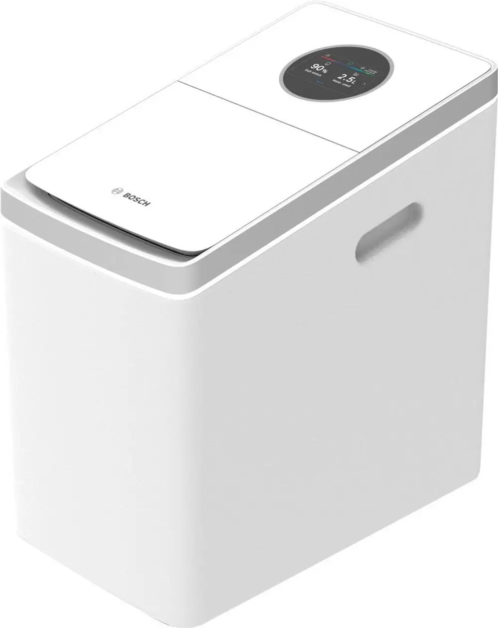 Weißes Wasserbehandlungsgerät der Marke Bosch mit einem digitalen Display und einer glatten Oberfläche. Das Gerät ist mit einem Griff für die Handhabung ausgestattet.
